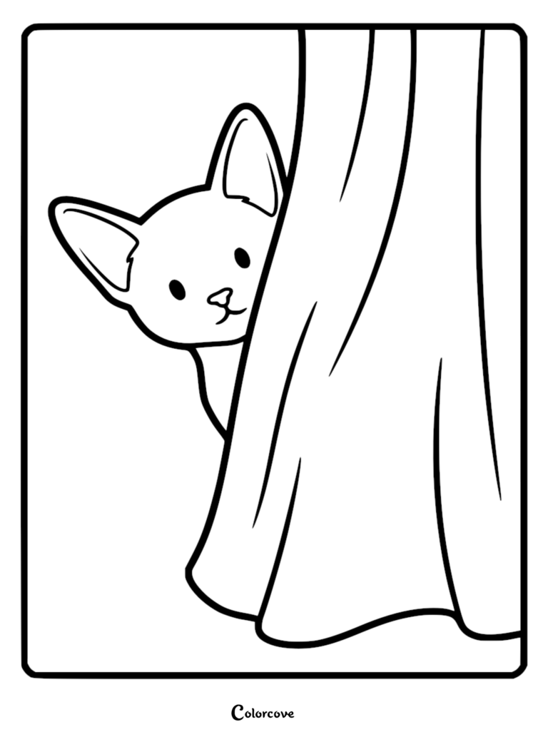 Un lindo gato abisinio con grandes orejas puntiagudas asomándose detrás de una cortina drapeada en esta página para colorear imprimible.