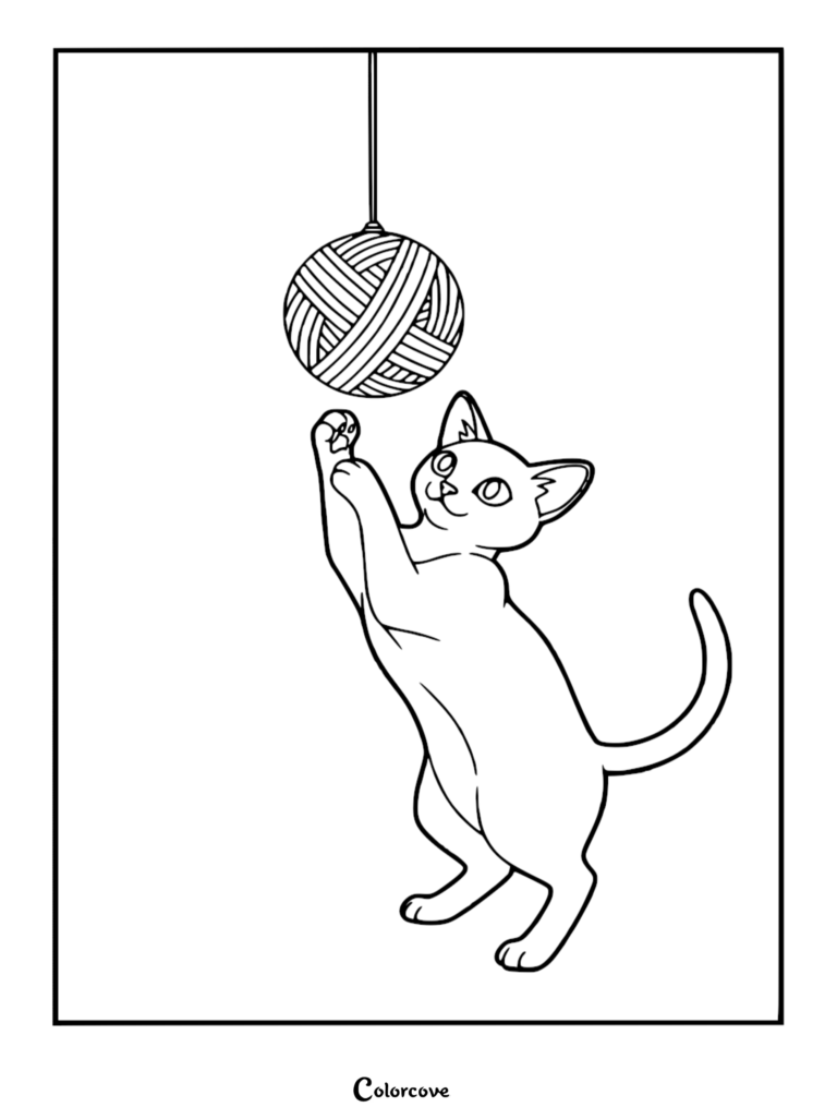 Un lindo gato abisinio de pie sobre sus patas traseras y golpeando un ovillo de lana colgante en esta página para colorear imprimible.