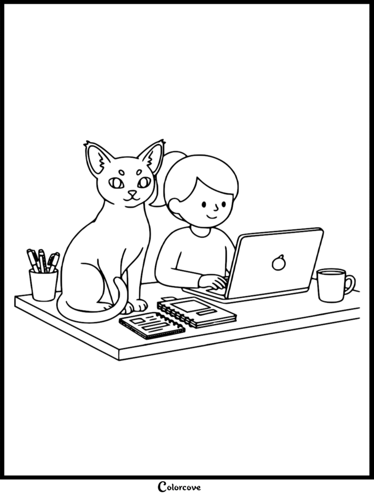 Un gato abisinio sentado en un escritorio junto a una niña que usa una computadora portátil, arte lineal estilo página para colorear.