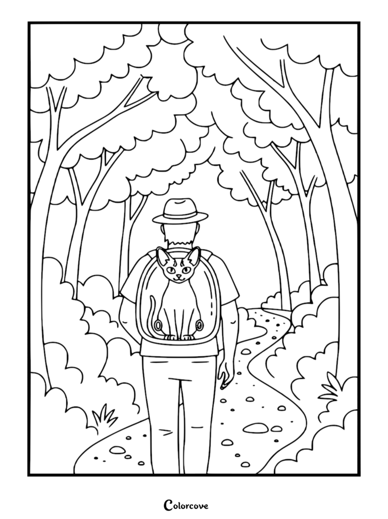 Un excursionista con sombrero y mochila con un gato abisinio asomándose por una ventana de burbuja transparente mientras camina por un sendero forestal en esta página para colorear imprimible.