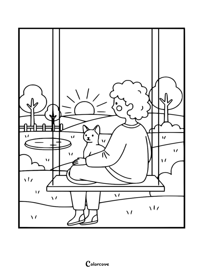 Una página para colorear de arte lineal simple que presenta a una niña con cabello rizado sentada en un columpio sosteniendo a un gato abisinio, con un paisaje de atardecer de fondo.
