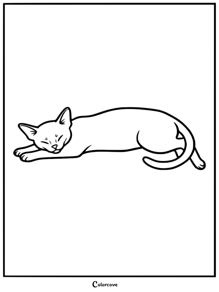 Una página para colorear con arte lineal simple de un gato abisinio acostado con los ojos cerrados y la cola enroscada.