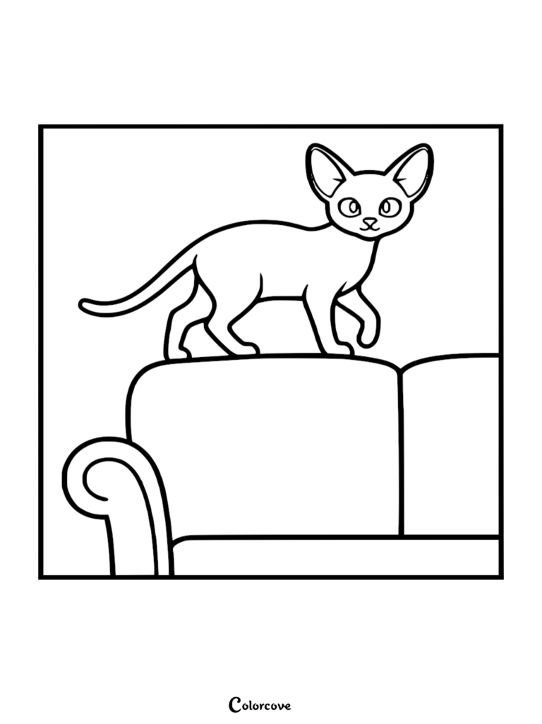 Una página para colorear de arte lineal simple que muestra a un gato abisinio con orejas grandes de pie en el respaldo de un sofá.