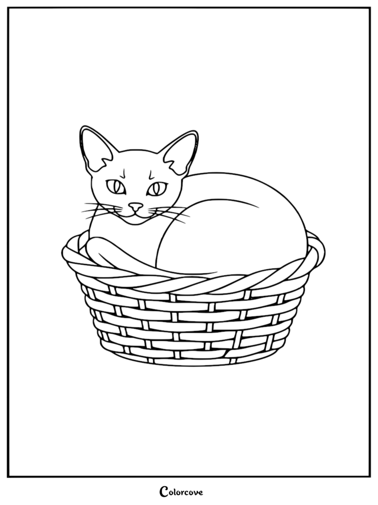 Una página para colorear imprimible que presenta a un gato abisinio acurrucado dentro de una cesta de mimbre tejida.