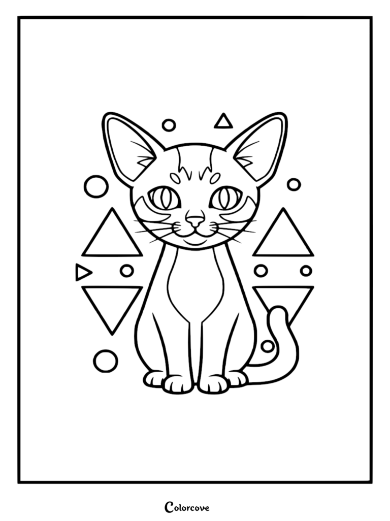 Un lindo gato abisinio sentado en el centro, rodeado de formas geométricas como círculos y triángulos en esta página para colorear imprimible.
