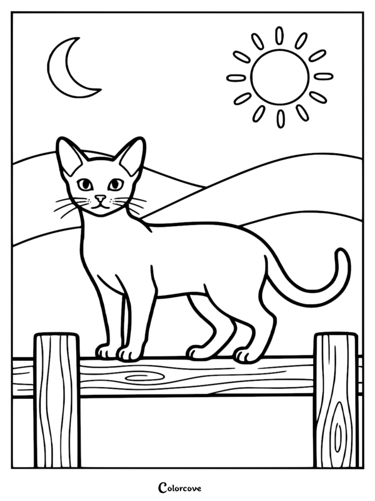 Gato abisinio de pie sobre una valla de madera con un sol y una luna creciente de fondo, página para colorear imprimible.