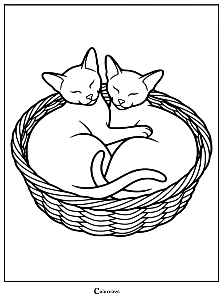 Dos gatos abisinios acurrucados juntos dentro de una cesta de mimbre en esta página para colorear imprimible.