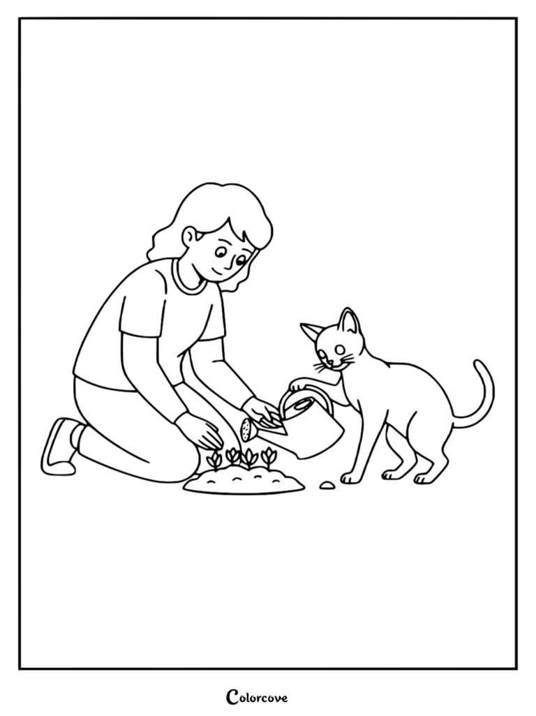 Una niña y un gato abisinio usando una regadera en un pequeño huerto en esta página para colorear imprimible.