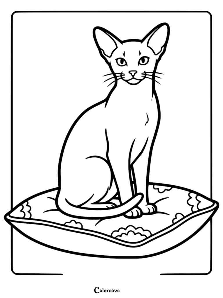 Una página para colorear imprimible que muestra a un elegante gato abisinio con grandes orejas puntiagudas sentado erguido sobre un cojín decorativo con borlas.