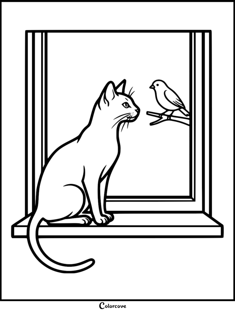 Un gato abisinio sentado en el alféizar de una ventana mirando a un pequeño pájaro posado en una rama en esta página para colorear imprimible.