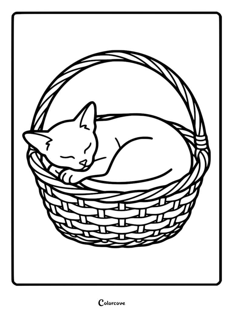 Una página para colorear de arte lineal simple que muestra a un pacífico gato abisinio acurrucado y durmiendo dentro de una cesta de mimbre con asa.