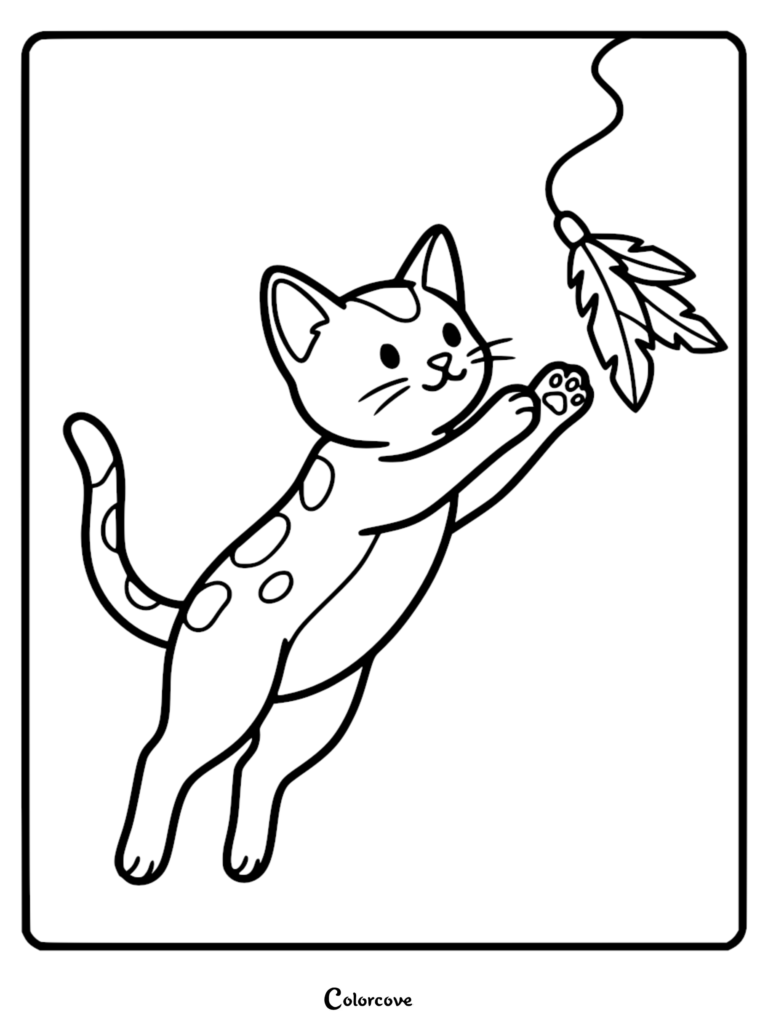 Un lindo gato abisinio moteado saltando para golpear un juguete de plumas colgante en esta página para colorear imprimible.