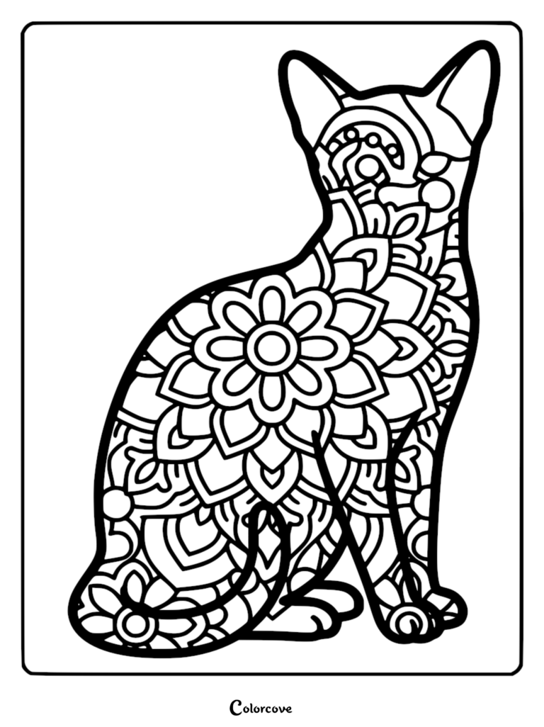 Una página para colorear en blanco y negro que presenta la silueta de un gato abisinio llena de intrincados patrones de mandalas florales y formas geométricas.