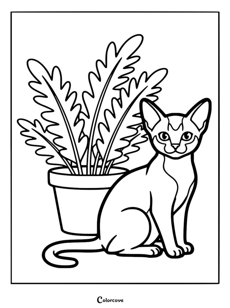 Un gato abisinio sentado junto a un gran helecho en maceta en esta página para colorear imprimible.