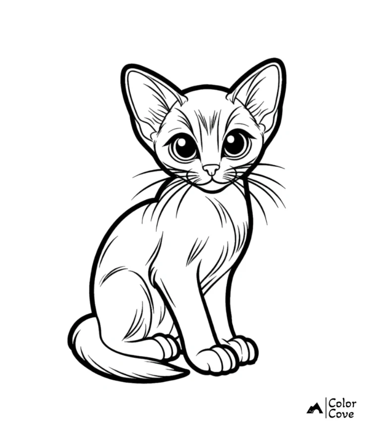 Un lindo gato abisinio con ojos grandes y orejas puntiagudas sentado en un estilo de página para colorear de arte lineal simple.