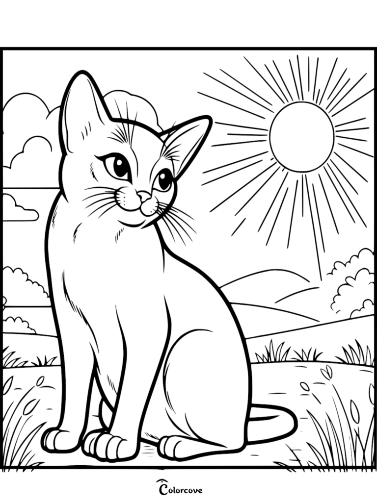 Un lindo gato abisinio sentado en un campo de hierba bajo un sol brillante, página para colorear de arte lineal para niños.