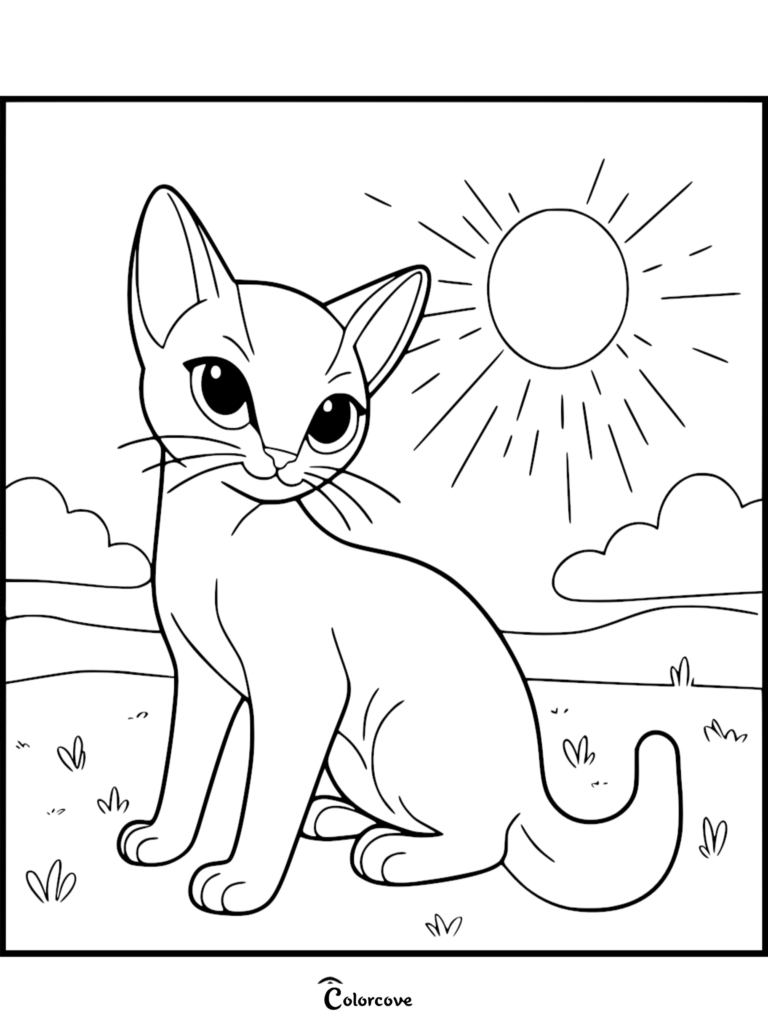 Un lindo gato abisinio con ojos grandes sentado en un campo de hierba bajo un sol brillante, página para colorear imprimible.