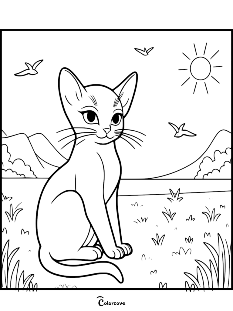 Un lindo gato abisinio sentado en un prado con montañas y pájaros de fondo, página para colorear imprimible.