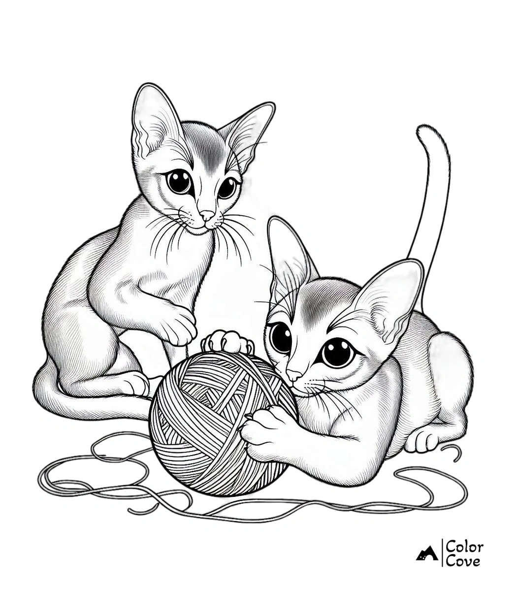 a black and white drawing of cats playing with a ball of yarn