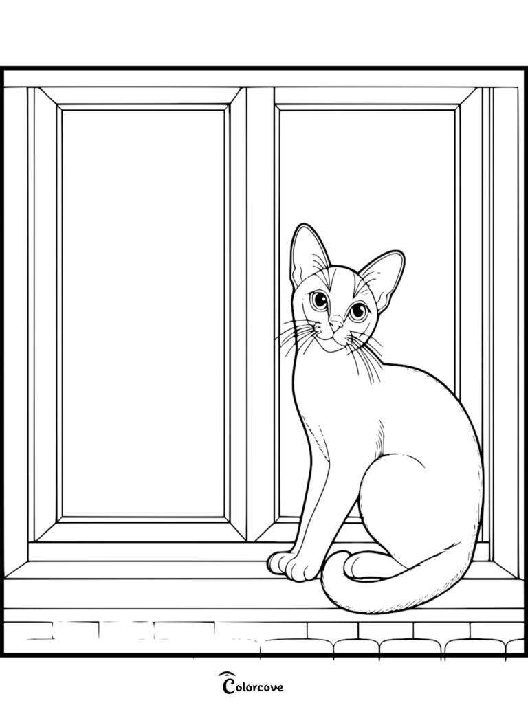 Un gato abisinio con orejas grandes sentado en el alféizar de una ventana en esta página para colorear imprimible.