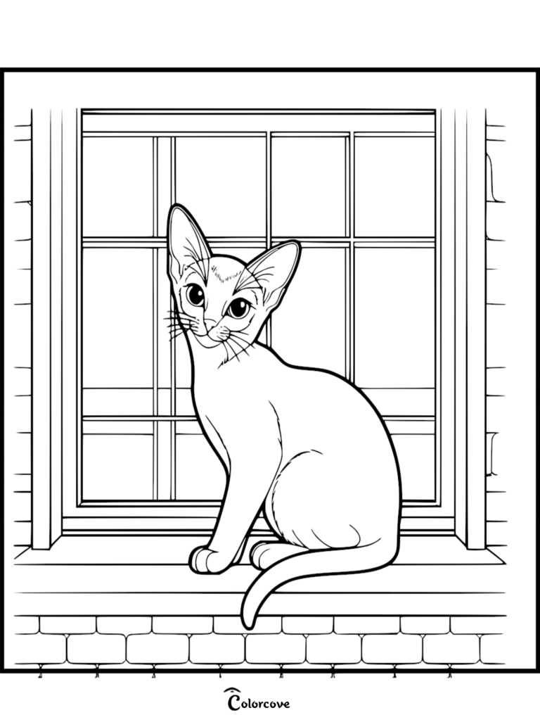 Una página para colorear de arte lineal de un gato abisinio con orejas grandes sentado en el alféizar de una ventana frente a una ventana de cuadrícula.
