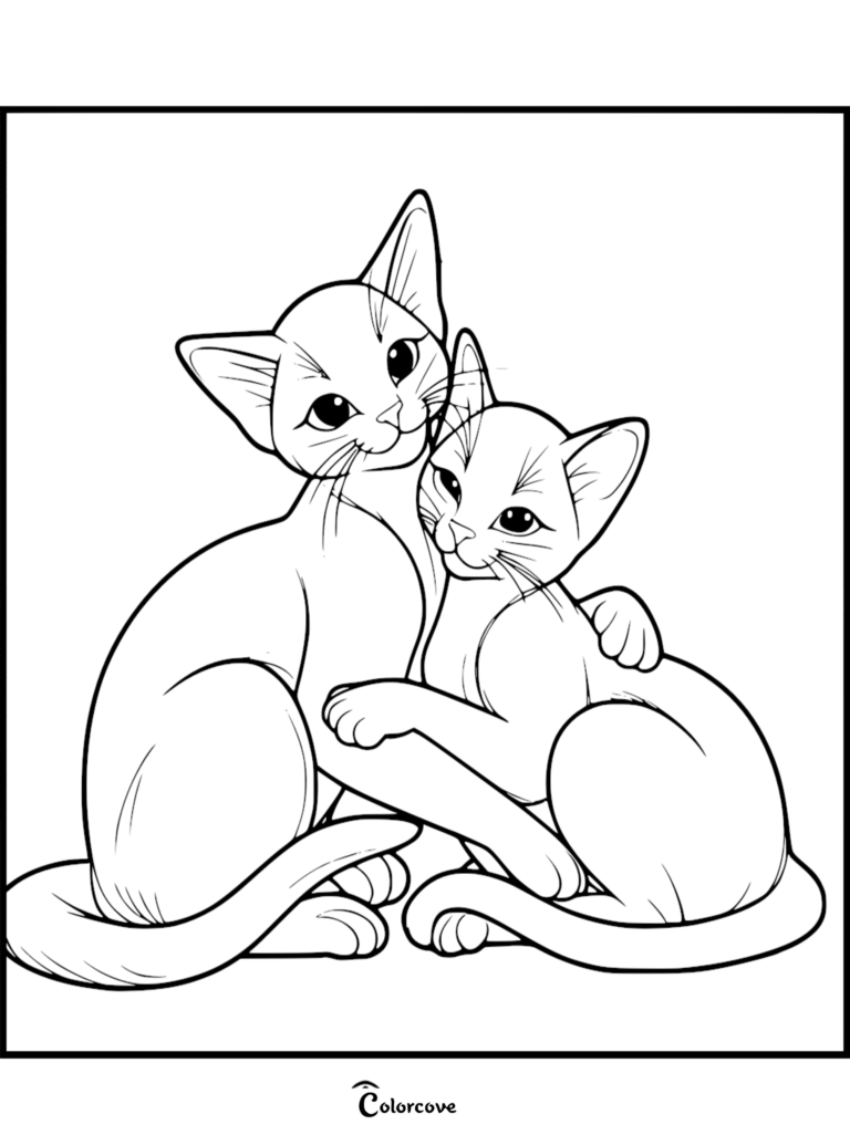 Una linda página para colorear que muestra a dos gatos abisinios sentados juntos y abrazándose con sus patas.