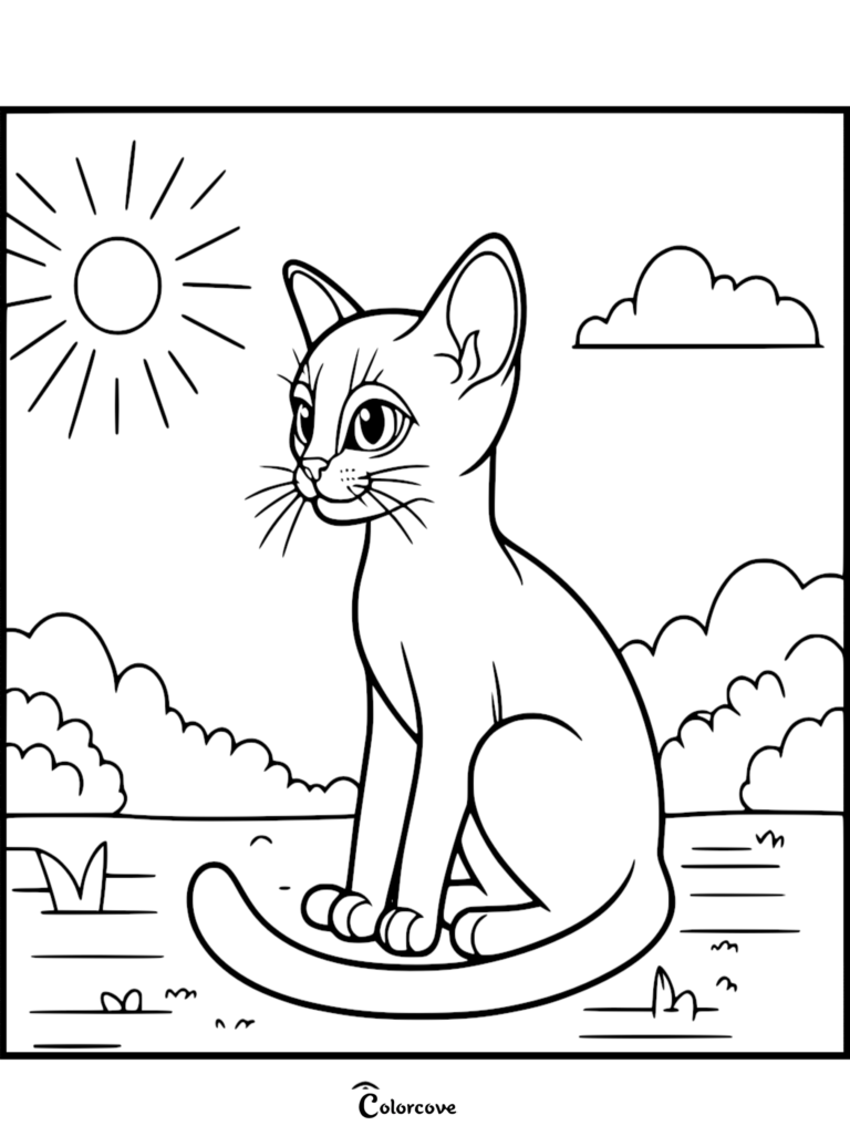 Un lindo gato abisinio sentado en un prado soleado con nubes, página para colorear de arte lineal.
