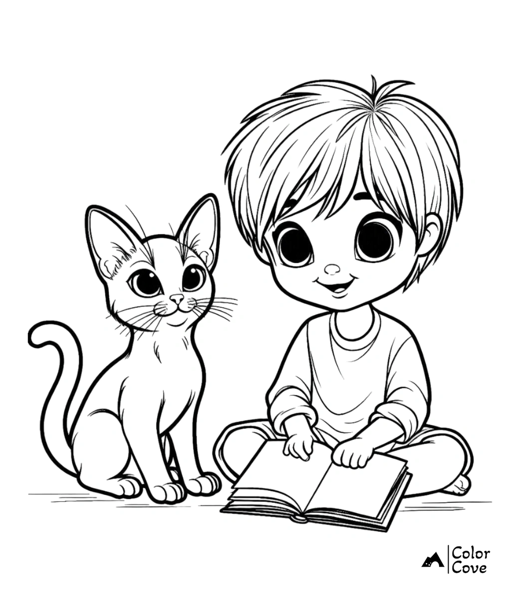 a cartoon of a boy reading a book with a cat