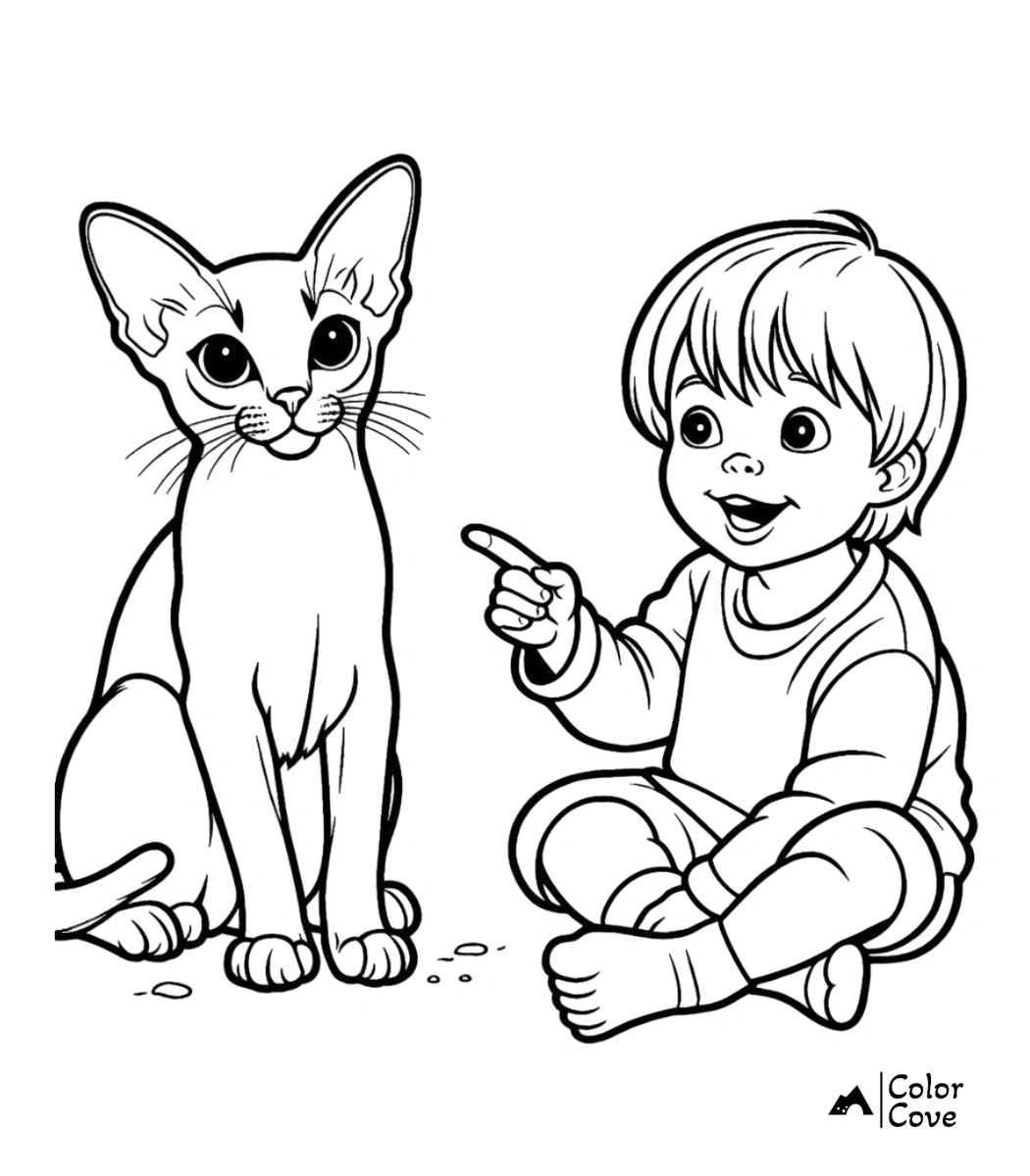 a cartoon of a baby pointing at a cat