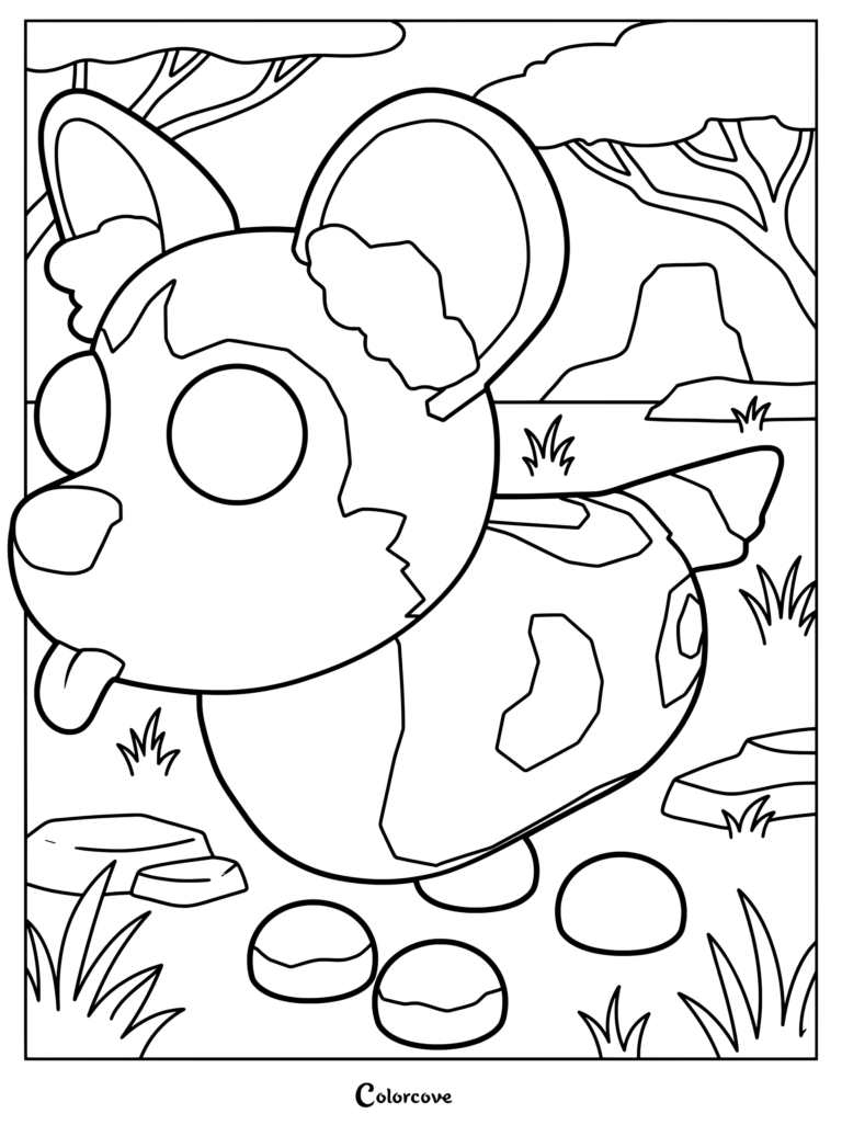 Página para colorear del Licaón de Adopt Me! con manchas, orejas grandes y la lengua afuera en un paisaje de sabana