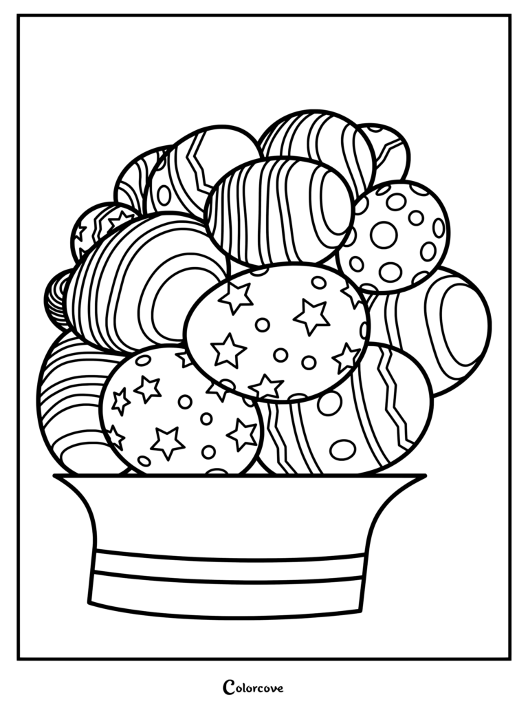 Página para colorear e imprimir que presenta una cesta llena de varios huevos con patrones de Adopt Me!.