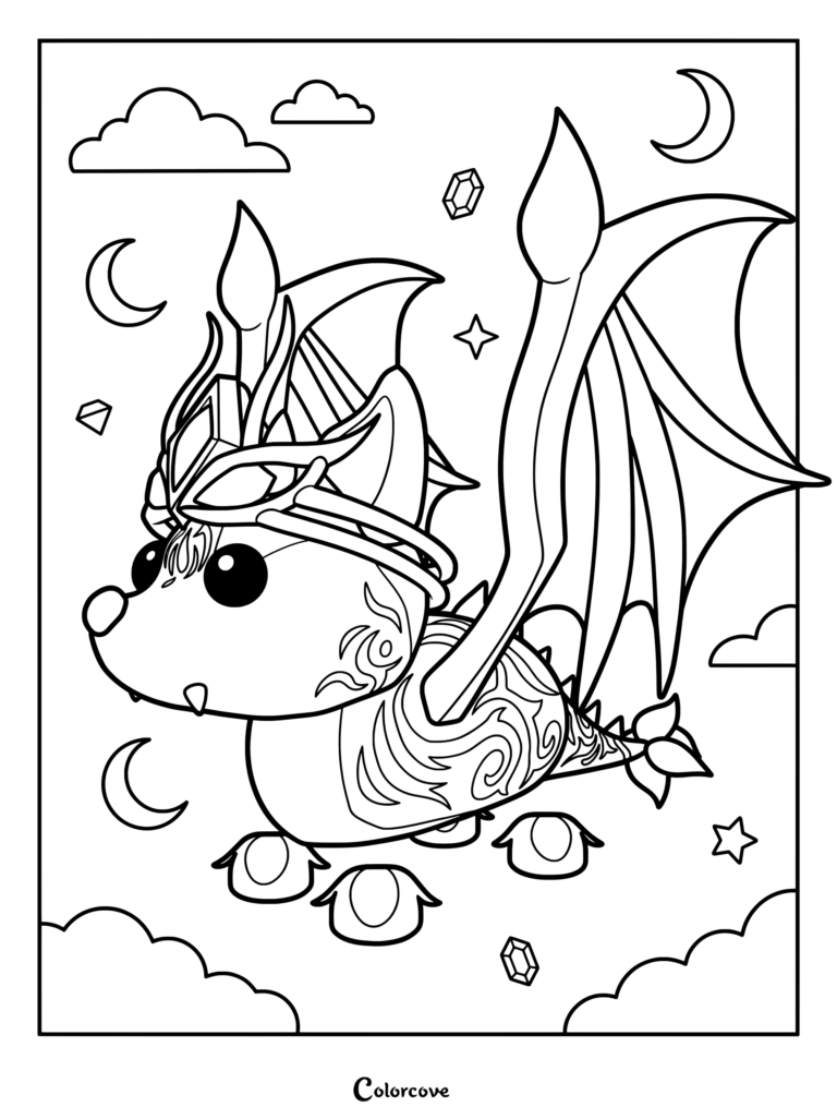 Página para colorear de Fairy Bat Dragon de Adopt Me! volando con alas desplegadas entre nubes, estrellas y lunas crecientes