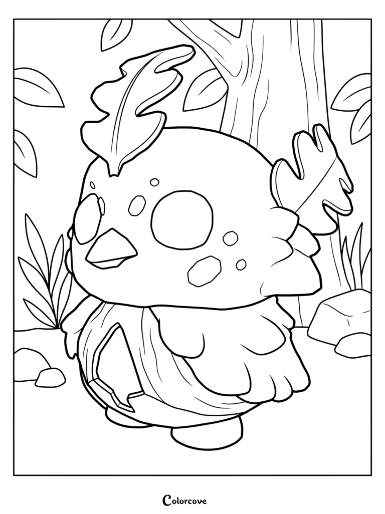 Página para colorear del Duende del Bosque de Adopt Me!, una criatura adorable con un adorno de hojas cerca de un árbol