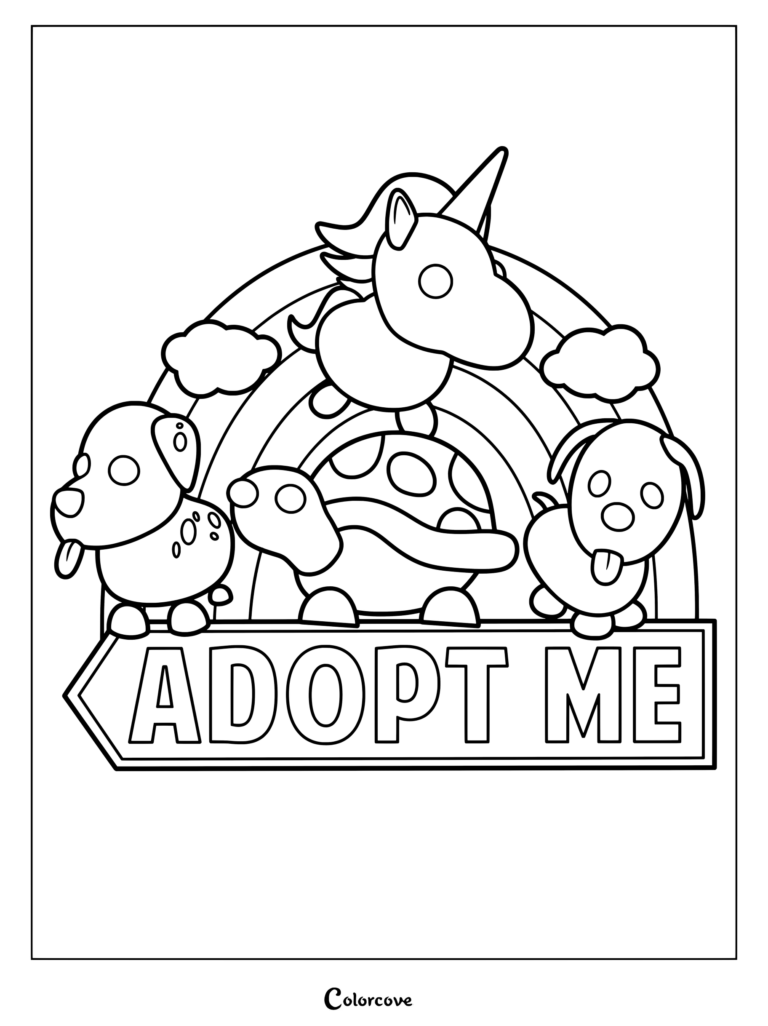 Página para colorear de Adopt Me! con un dálmata, una tortuga, un perro y un Unicornio detrás de un letrero de Adopt Me! frente a un arcoíris