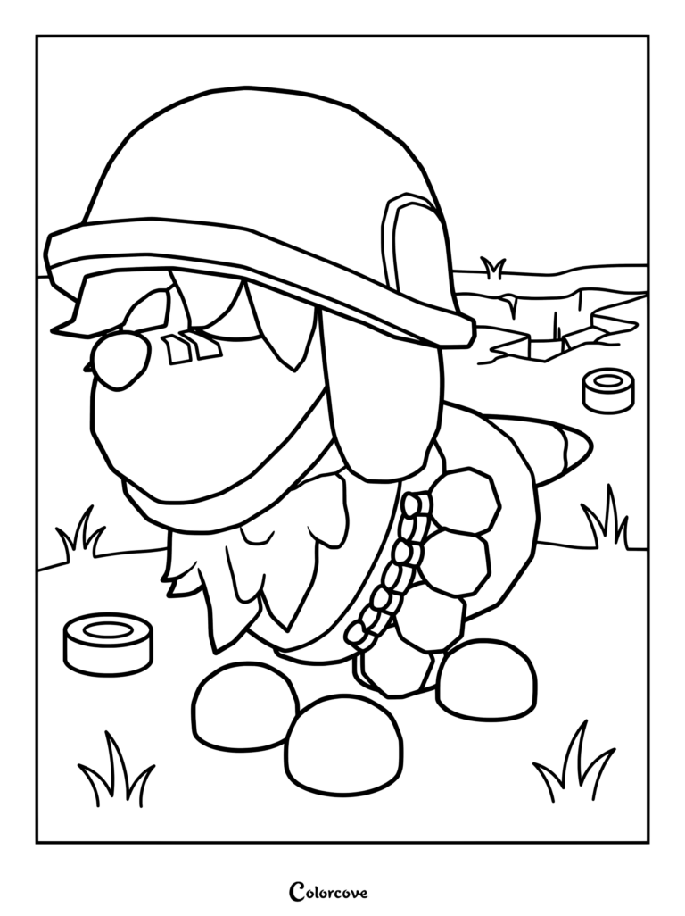 Ilustración para colorear de General Sheepdog de Adopt Me! vistiendo casco militar y canana