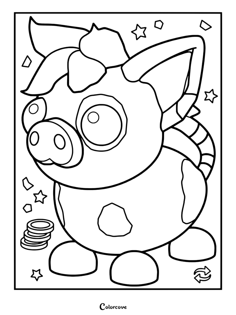 Página para colorear del cerdito de Adopt Me!, una tierno mascota con manchas y un moño rodeada de estrellas y monedas