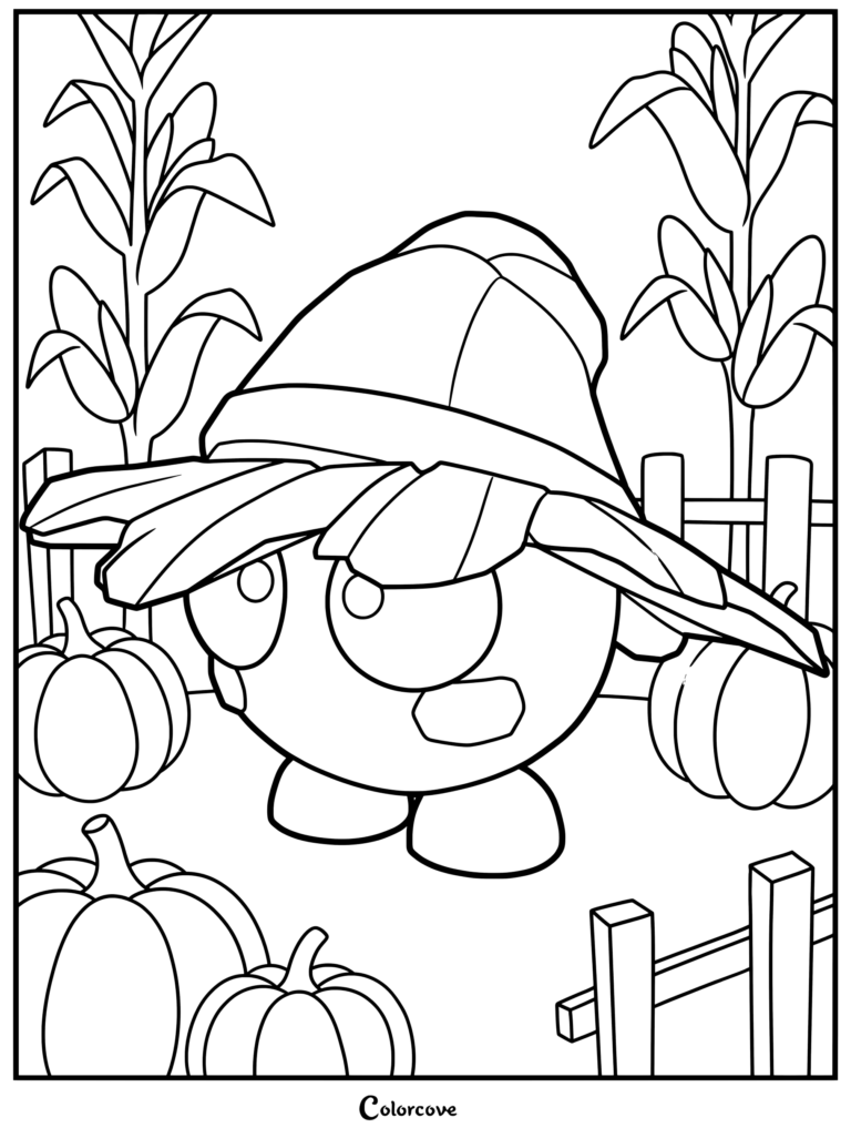 Página para colorear del mago Oakee de Adopt Me! con un sombrero de mago en un huerto de calabazas con plantas de maíz