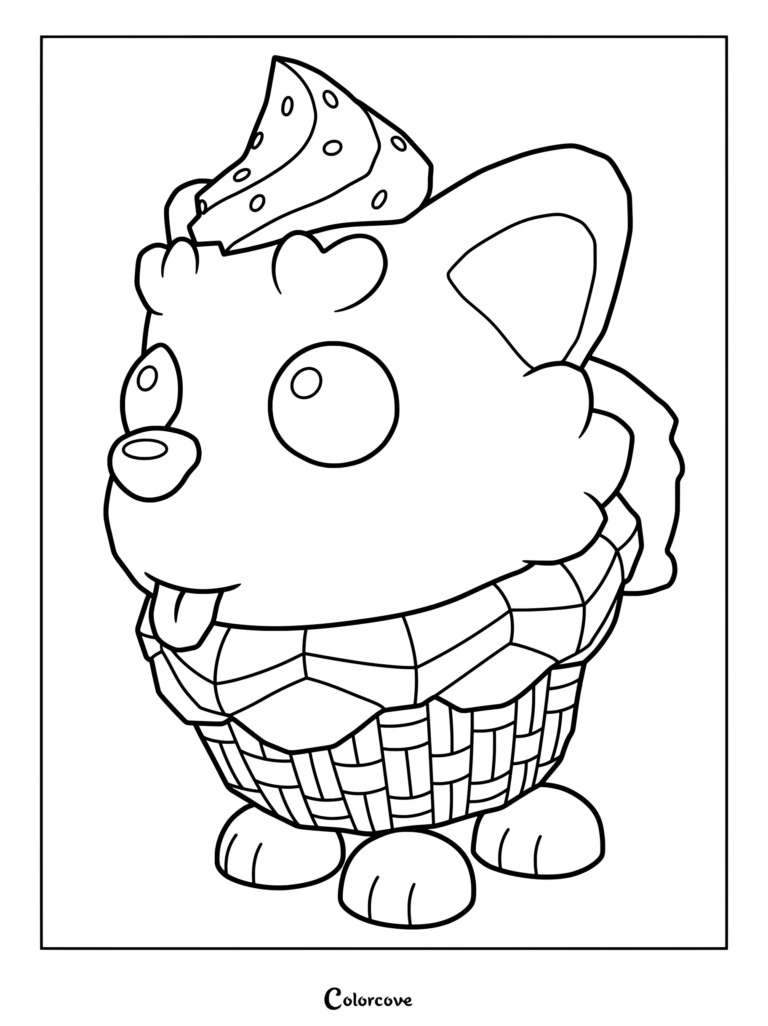 Página para colorear del personaje Pupcake de Adopt Me!, un cachorro con estilo de cupcake y cobertura en la cabeza.