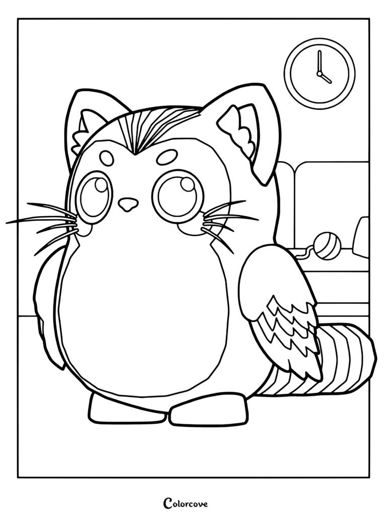 Página para colorear de Purrowl de Adopt Me! que muestra a la redonda mascota en interiores