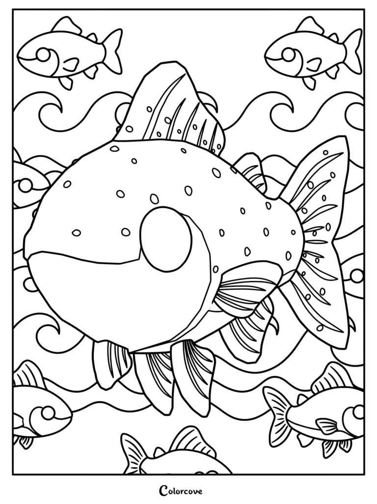 Página para colorear e imprimir de la Trucha Arcoíris de Adopt Me! nadando con peces más pequeños entre olas