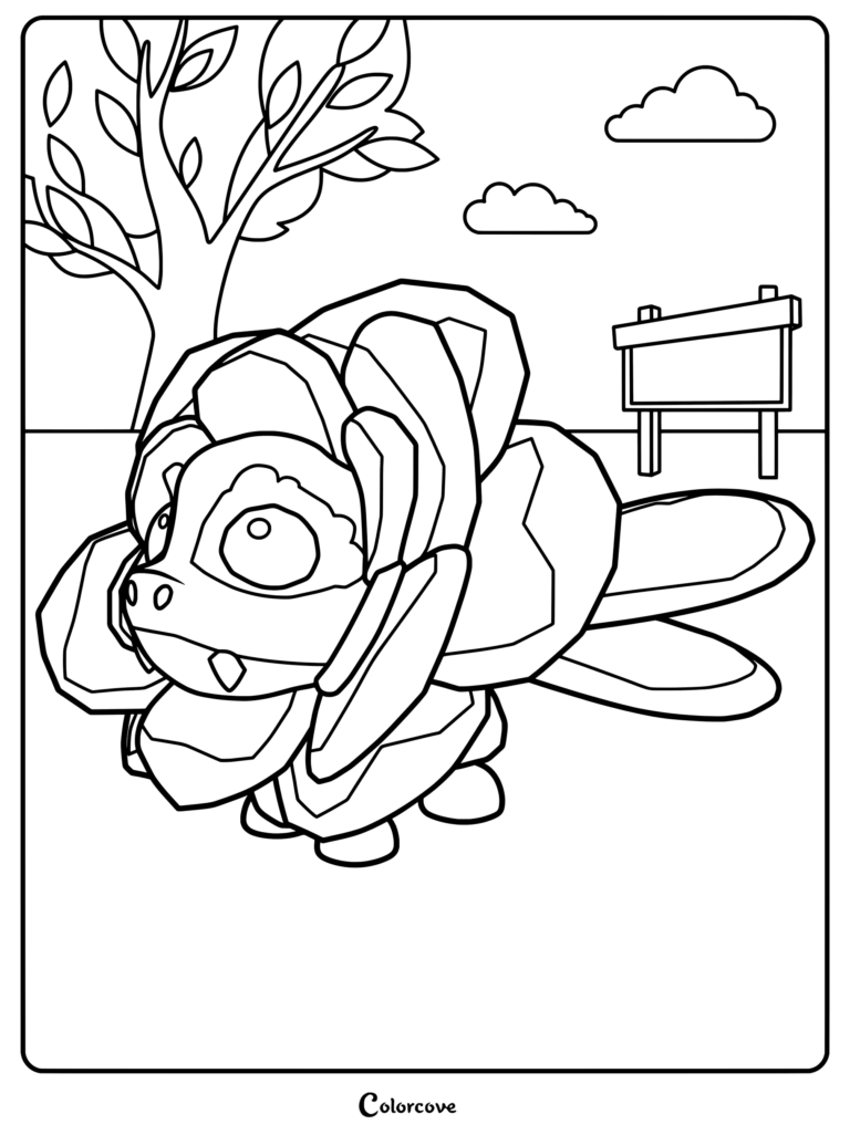 Página para colorear del Rose Dragon de Adopt Me! en un parque al aire libre