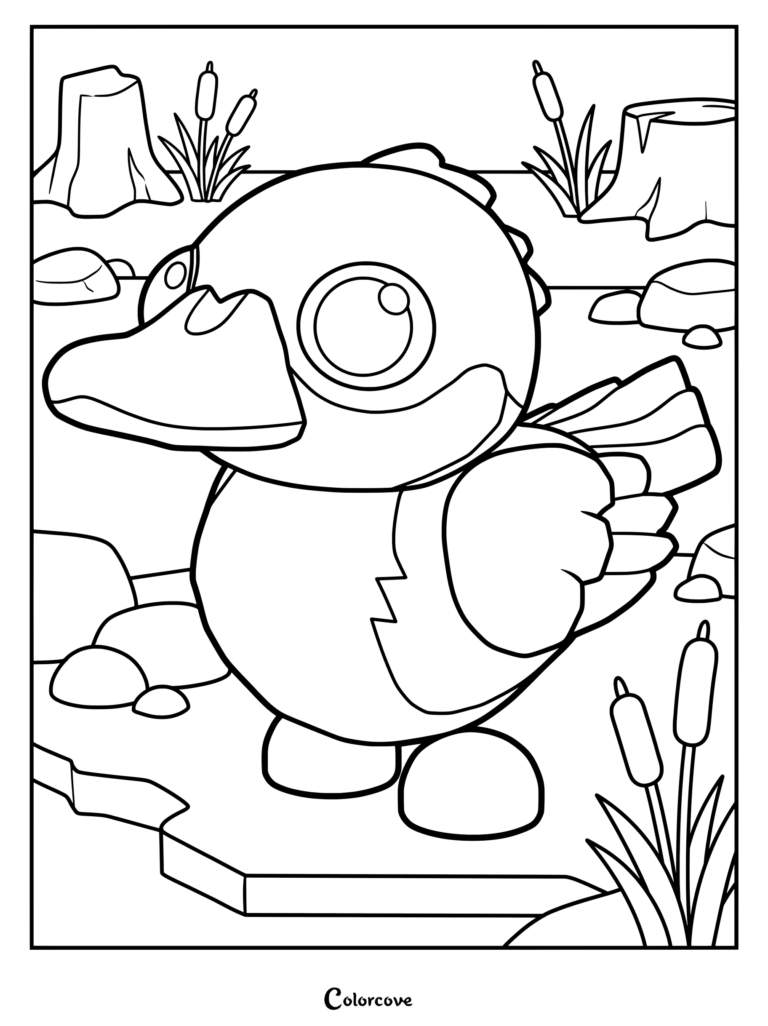 Página para colorear del Pato Turco de Adopt Me! en un pantano con espadañas y tocones de árboles