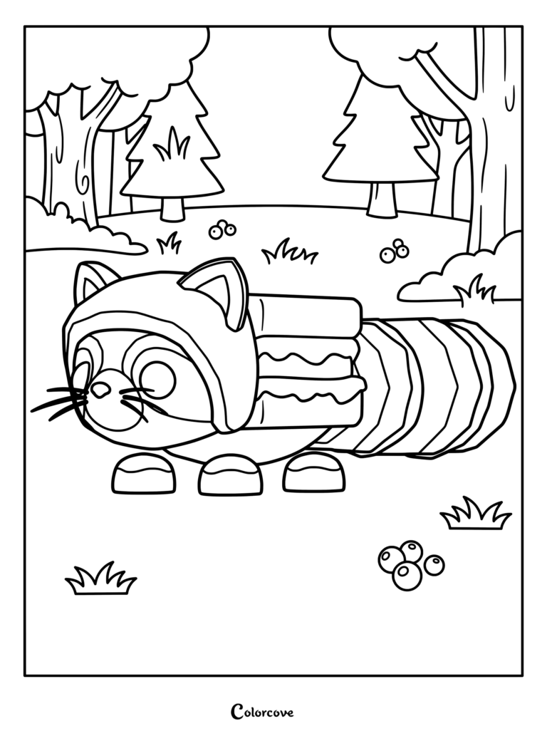Página para colorear e imprimir del Mapache S'mores de Adopt Me! en un bosque con árboles y arbustos.