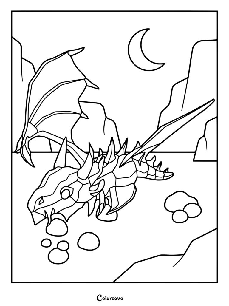 Página para colorear del Shadow Dragon, una criatura mítica con armadura con púas descansando bajo una luna creciente.