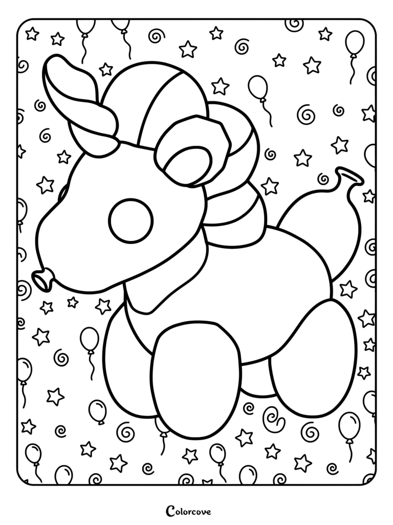 Página para colorear de la mascota Unicornio Globo de Adopt Me! con estrellas y globos