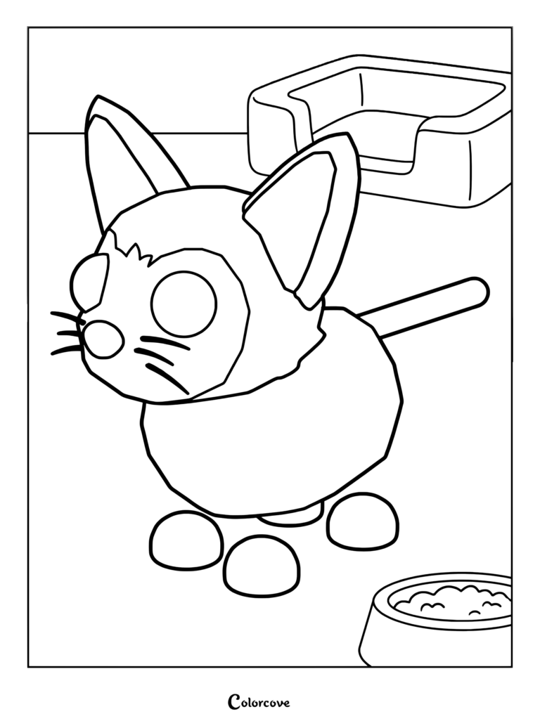 Página para colorear del Gato Siamés de Adopt Me! junto a su cama y su plato de comida.
