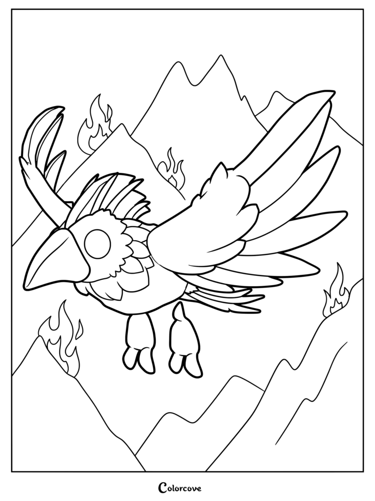 Página para colorear del Cóndor de la Tormenta de Adopt Me! volando sobre montañas rocosas con llamas