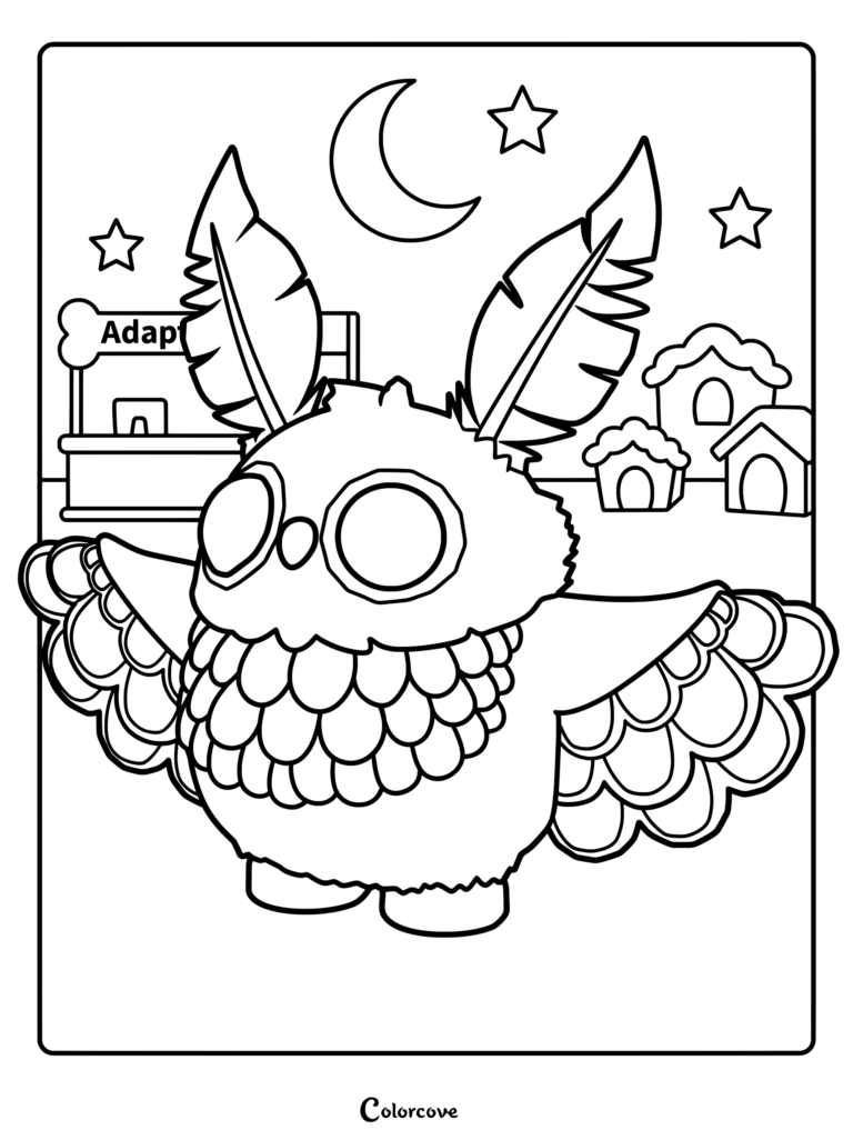 Página para colorear del Búho Estigio de Adopt Me! de pie con las alas desplegadas bajo la luna creciente y las estrellas