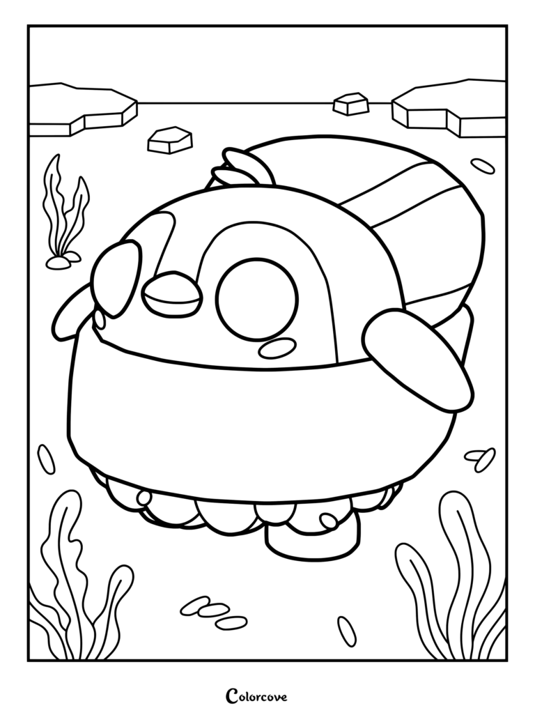 Página para colorear del Pingüino Sushi de Adopt Me!, un tierno pingüino con diseño de rollo de sushi bajo el agua