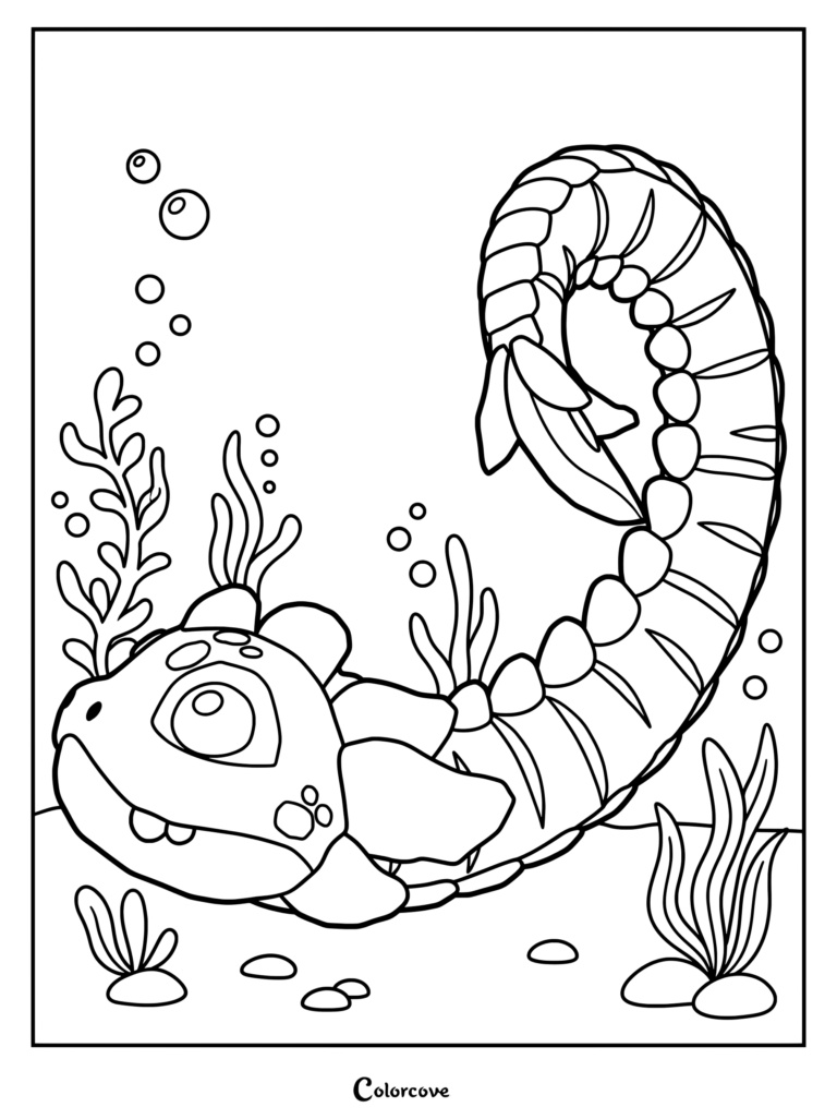 Página para colorear imprimible del Monstruo de Tealwood de Adopt Me! nadando bajo el agua con burbujas y algas